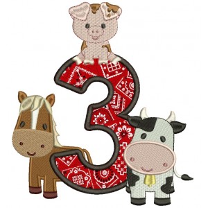 Farm Animals Birthday Number Three Applique Machine Embroidery Design Digitized Pattern